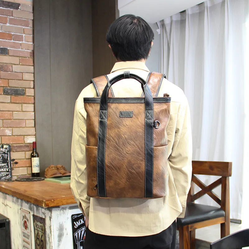 Men's Backpack  Frenzy Horse PU Leather Korean Style - Multi-functional Vertical Handbag 13-15 Inch Laptop Bag