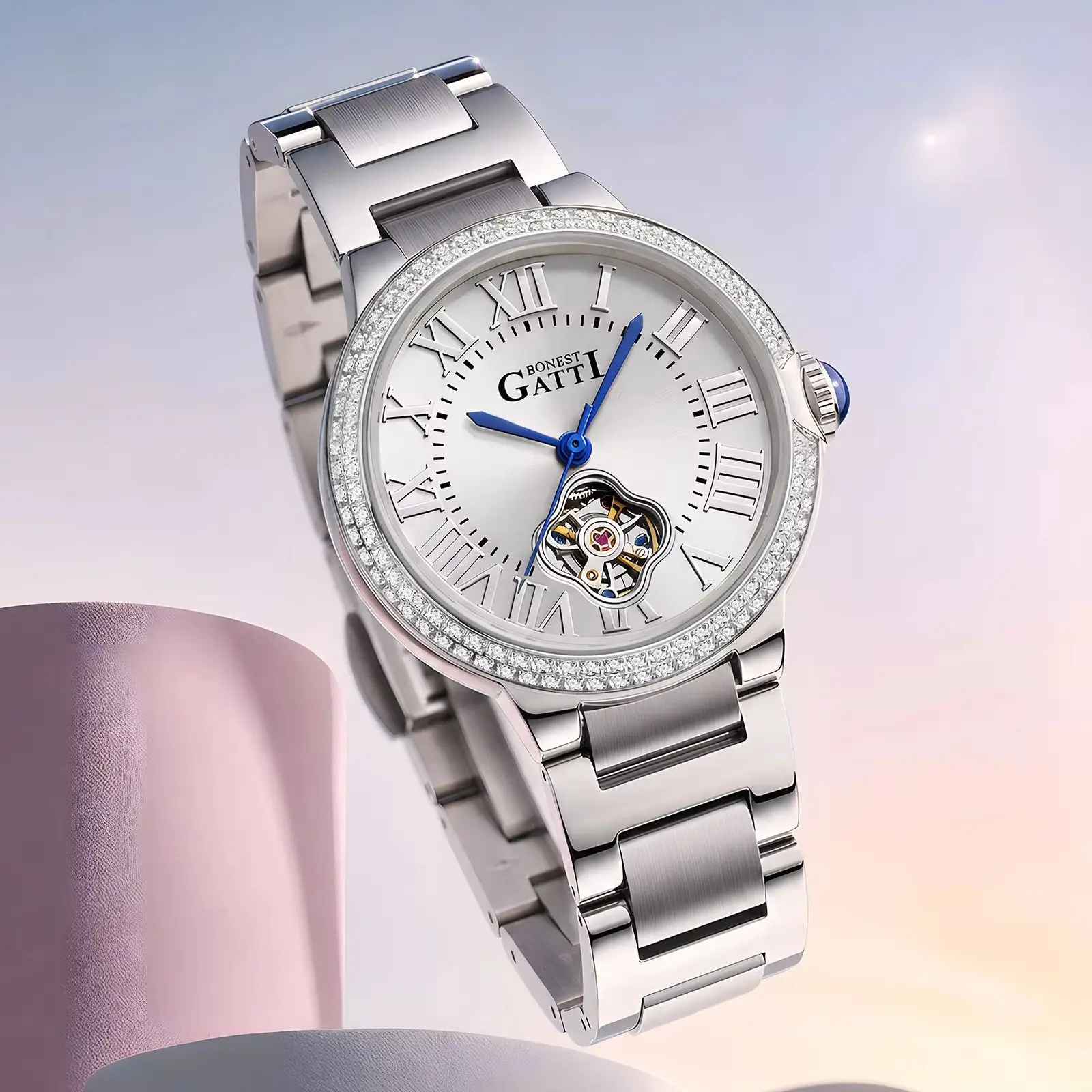 BONEST GATTI Women Automatic Watches 35mm Ladies Mechanical Wristwatch Sapphire Mirror Luminous Skeleton Dial