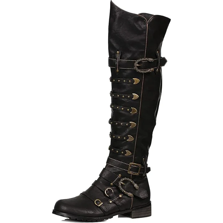 Herren Kniehohe Steampunk Piratenstiefel Vintage Gothic Renaissance Cosplay Lange Stiefel Halloween Party Nieten-Schnallen-Schuhe – Detail 3