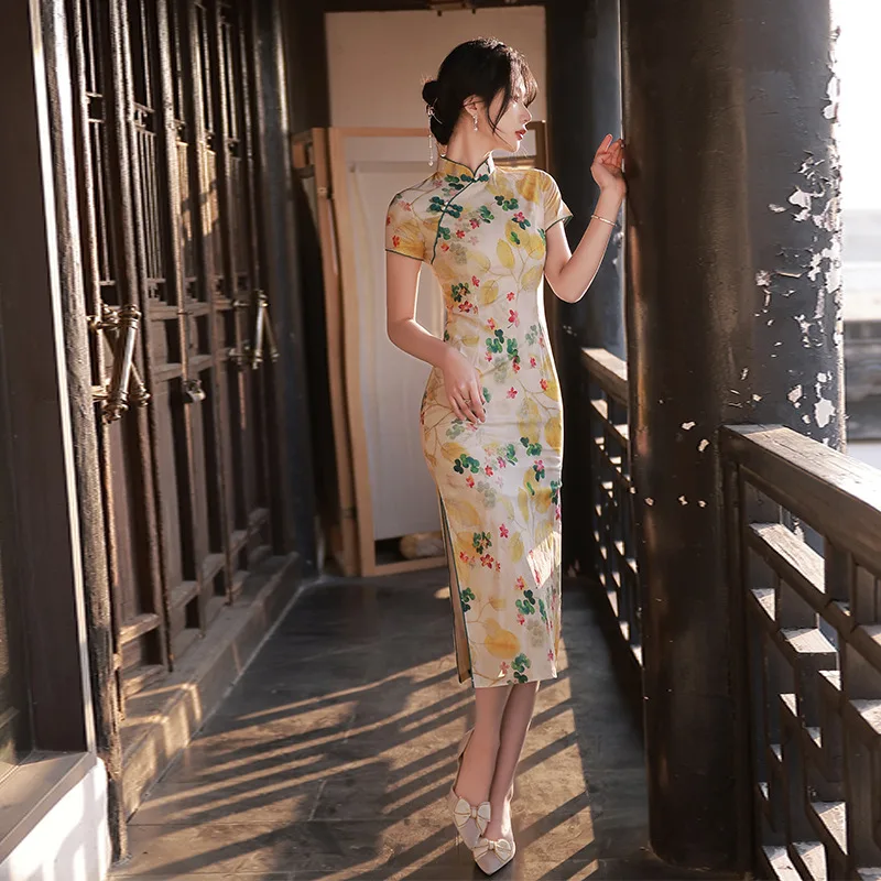 

Yellow Chinese Style Cheongsam Yellow Women Handmade Button Traditional Vintage Dress Short Sleeve Floral Qipao S To XXL