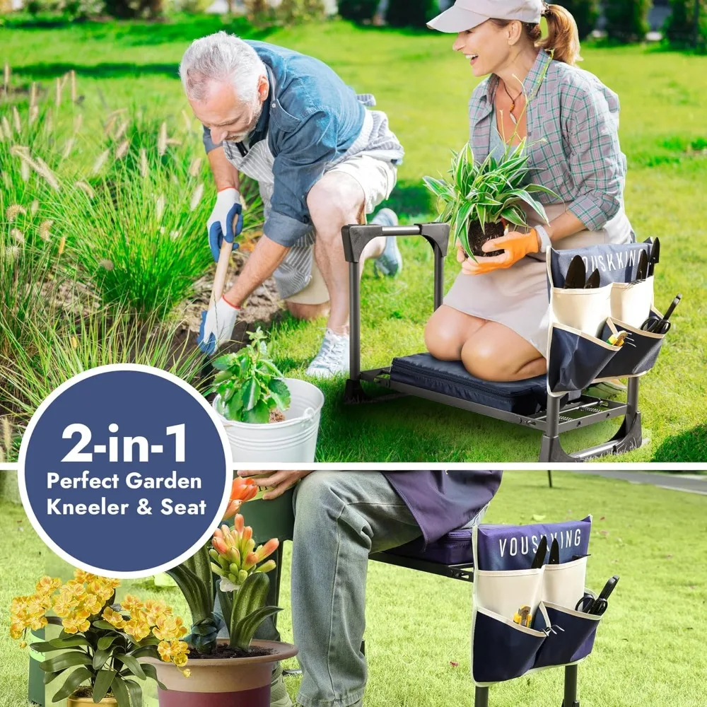 Asiento plegable para arrodillarse de jardín con almohadilla suave y gruesa, taburete resistente de 350 libras, bolsa de herramientas de jardinería para hombres y mujeres
