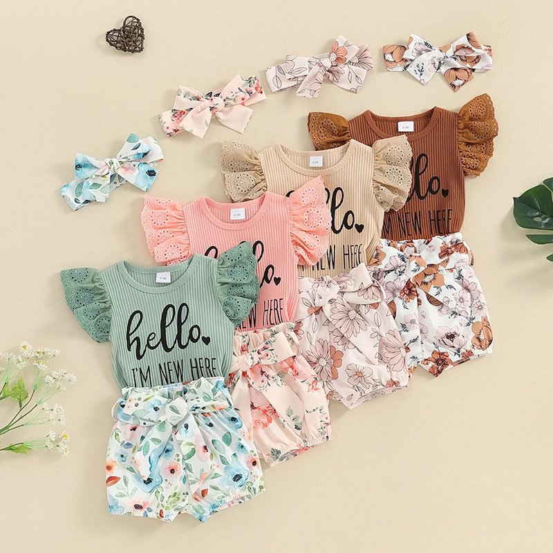 

2023-12-25 Lioraitiin NewbornBaby Girl Outfit Letters Print Ribbed Ruffle Romper Top Floral Summer Shorts Clothes Set