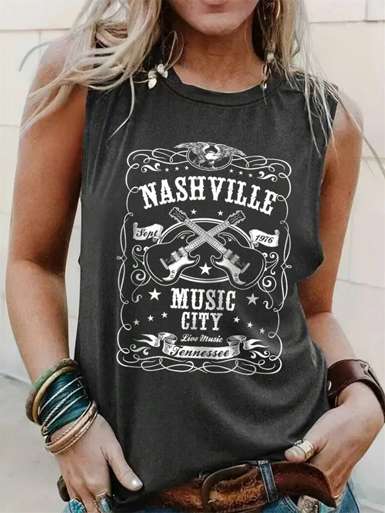 Camiseta sin mangas con estampado de guitarra y alfabeto para mujer, camiseta sin mangas de moda para concierto callejero al aire libre, camiseta informal sin mangas para todos los días