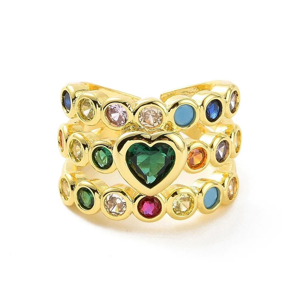 Colorful Cubic Zirconia Heart Open Cuff Ring Rack Plating Brass Line Wide Ring for Women Cadmium Free Lead Free