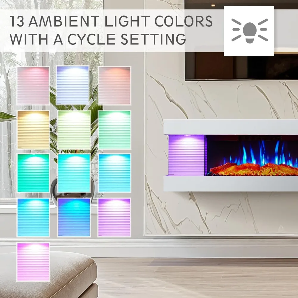 44 Inch Wall-Mounted Electric Fireplace by PuraFlame Alsa with Multi-Color Ambient Lights, Remote Control, 1500W Heating, White