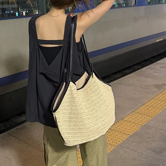 large-single-shoulder-woven-linen-women's-bag-holiday-style-tote-bag-casual-unbranded-korean-style-pure-color-hobo-bag