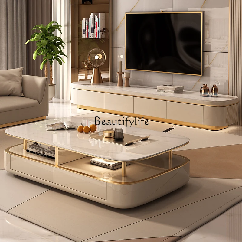 

Light Luxury Coffee Table TV Cabinet Combination High Sense High Section Lengthened Stone Plate Floor TV Stand