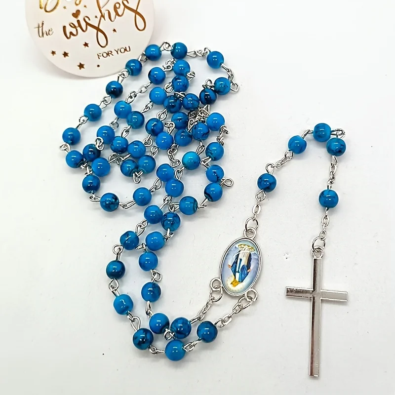 Glass Bead Rosary Necklace Vintage Catholic Religious Cross Pendant Necklaces for Men Women Jewelry Wall Decoration Necklace