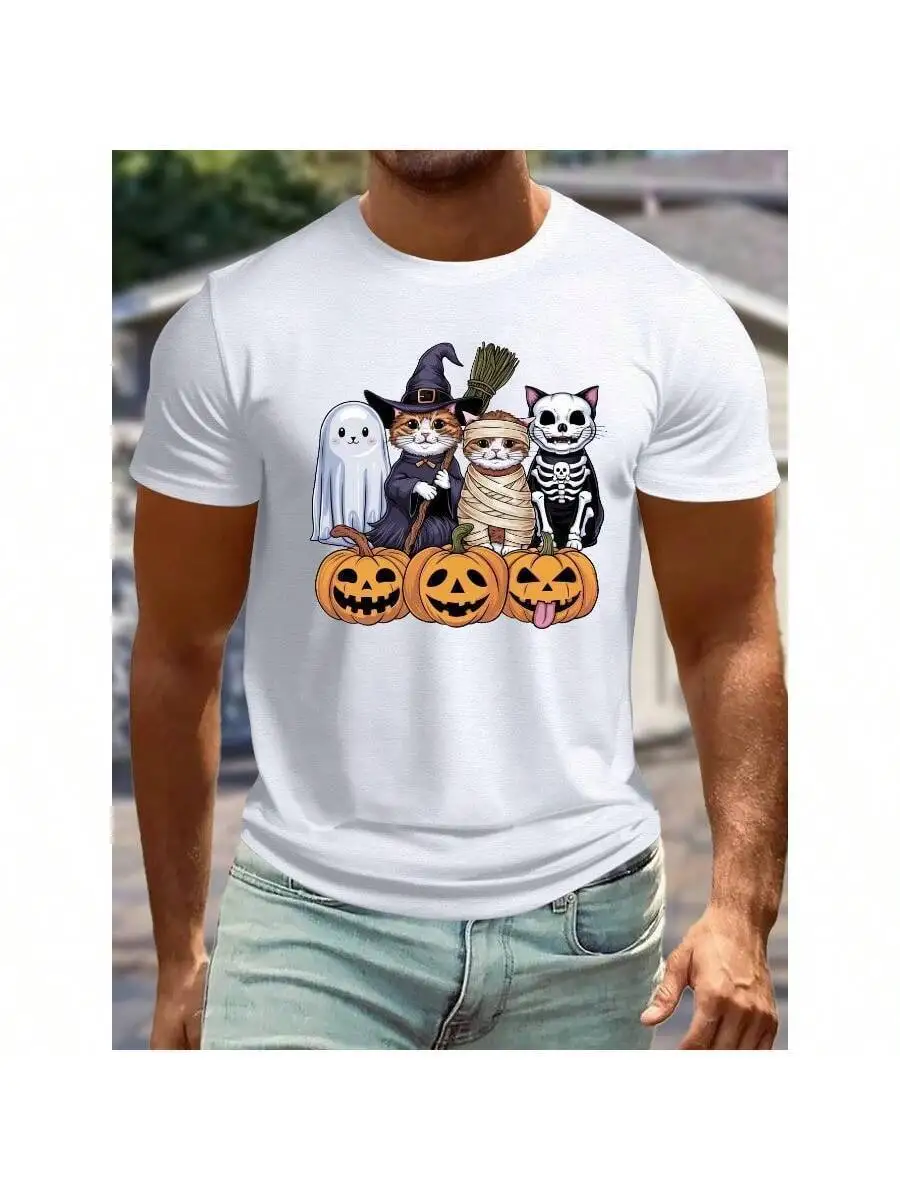 Plus Size Men's T-Shirt - Witch Hat Pumpkin Cat Costume Graphic, Polyester Short Sleeve Tee, Machine Washable, 100% Cotton
