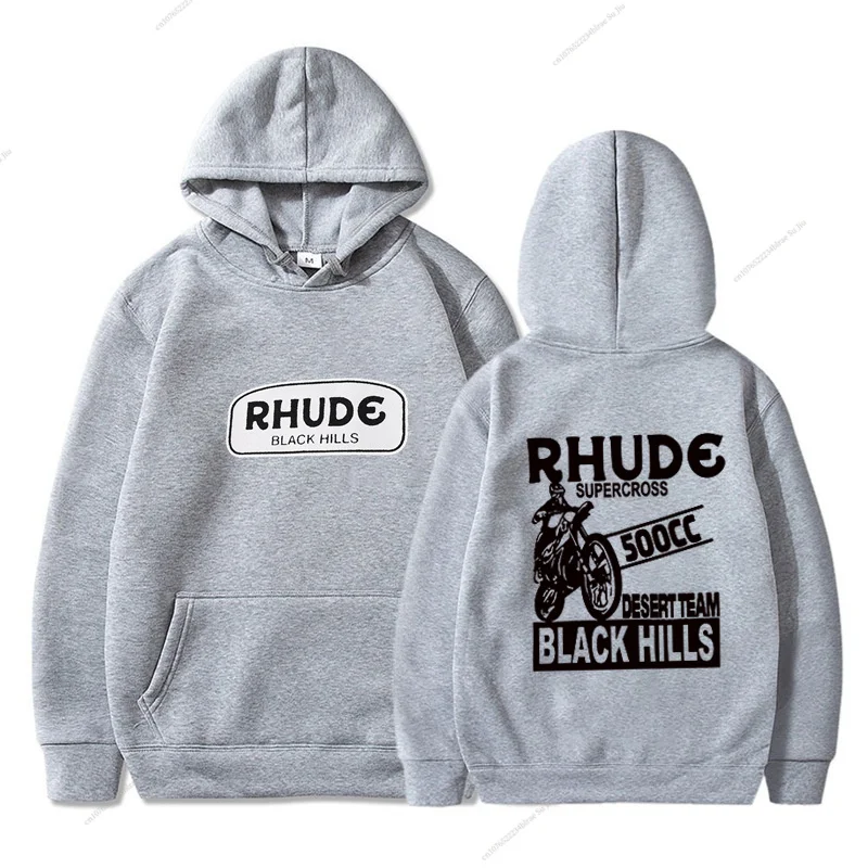 Official Trendy Brand Unisex Rhude Supercross Black Hills High Gram Weight Pure Cotton Terry Hoodie Sweater Women Fast Delivery