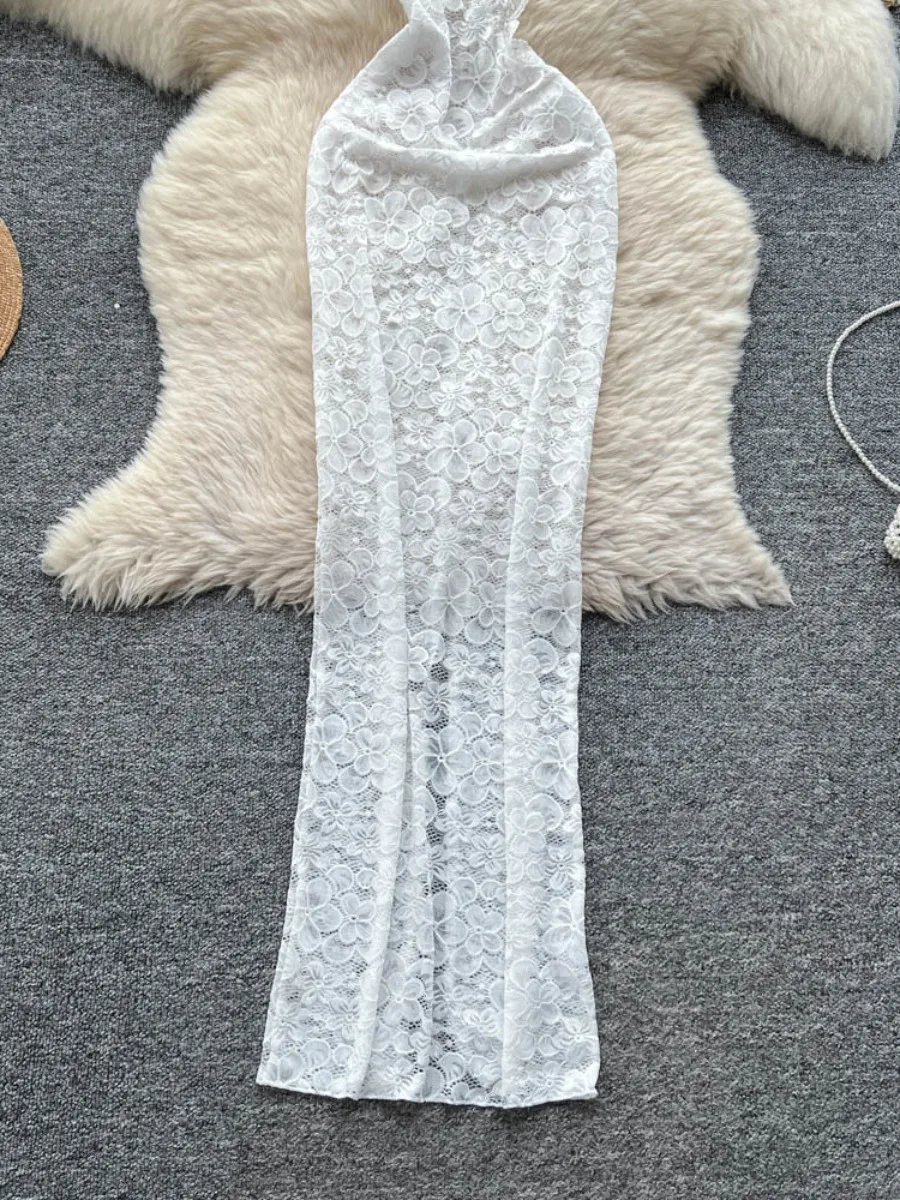 Foamlina Mujer Verano 2025 Vestido de encaje transparente sin mangas Vestido largo ajustado con recortes sexy Ropa de fiesta elegante