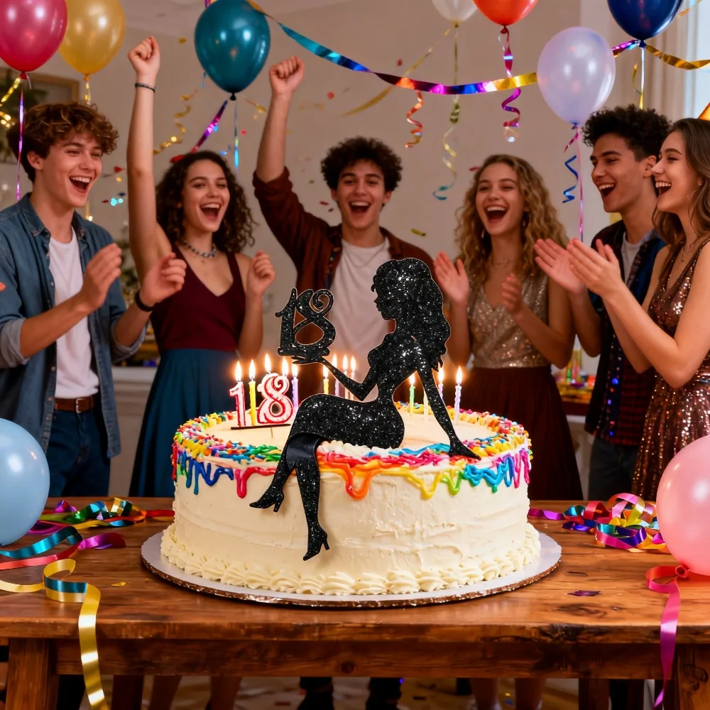 1 Stück Kuchenaufsatz zum 18. Geburtstag, schwarze Papier-Silhouette für kleine Mädchen für 18-jährige Geburtstagsparty-Dekorationen für Frauen – Detail 6