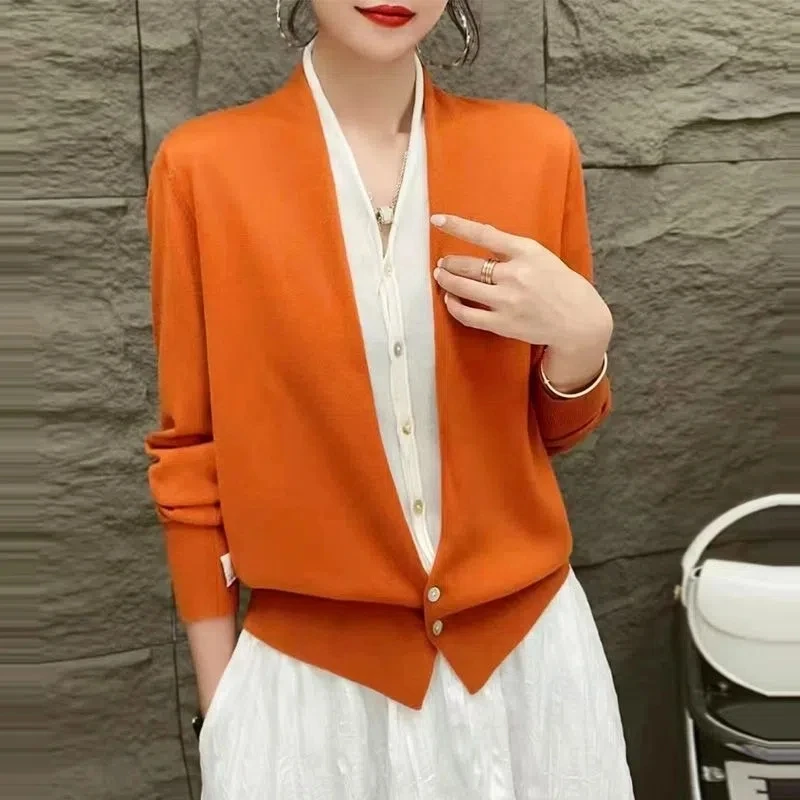 

Korean Style Fashion 2023 Spring And Autumn New V-Neck Fake Two Sweaters Women Knitted Cardigan Coat Long Sleeve Top Bolero Femm