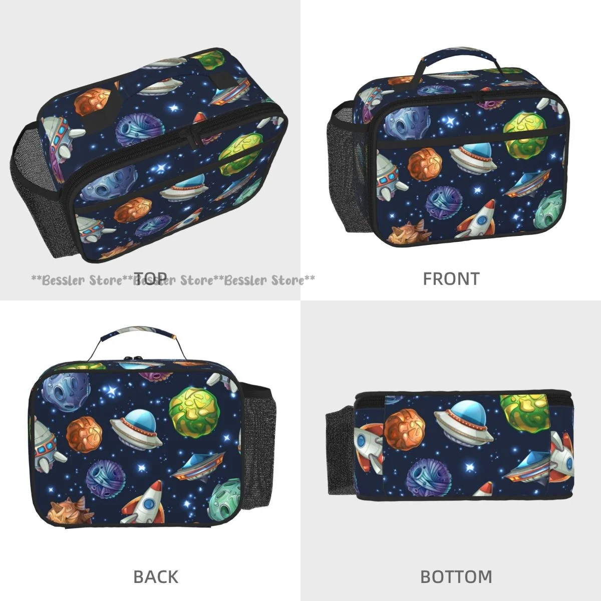 Comic Space With Planets Spaceships Rocket Tote Lunch Bag Insulated Cooler Bag Easy Clean Food Handbag for Daily Travel Picnic