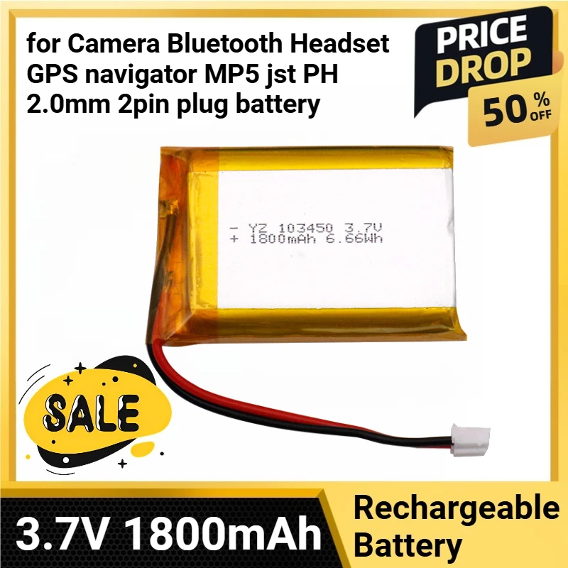 

103450 Polymer Lithium Rechargeable Battery 3.7V 1800mAh for Camera Bluetooth Headset GPS navigator MP5 jst PH 2.0mm 2pin plug