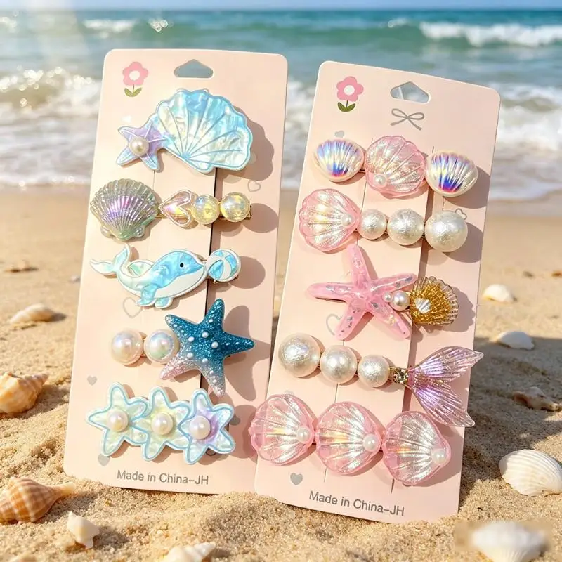 5-teiliges Set Muschel-Seestern-Haarspangen, Meerjungfrauen-Haarnadeln, Sommer-Strand-Haaraccessoires für Mädchen – Detail 4
