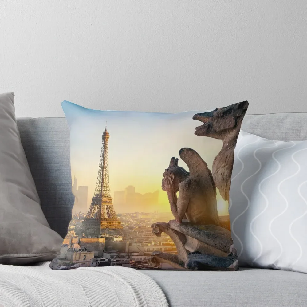 Gargoyles overlooking the Eiffel Tower in Paris, France Throw Pillow Rectangular Cushion Cover Embroidered Cushion Cover pillow