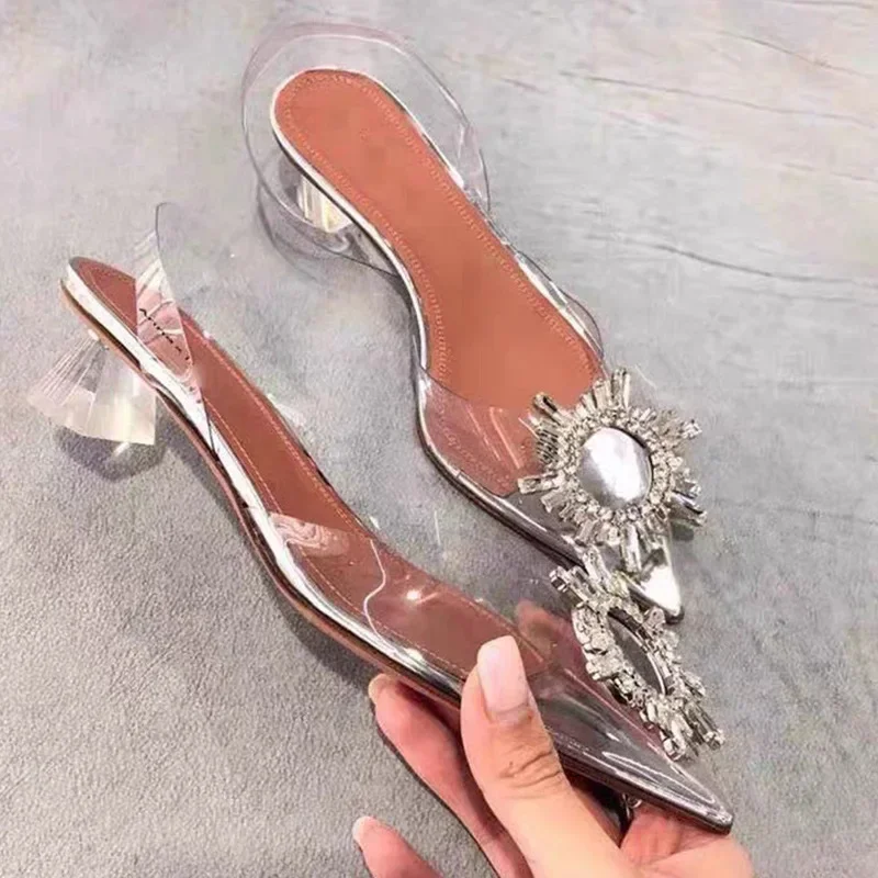 2024 New Summer Joker Pointy Thick Heel Sexy Rhinestone Transparent Sandals Women