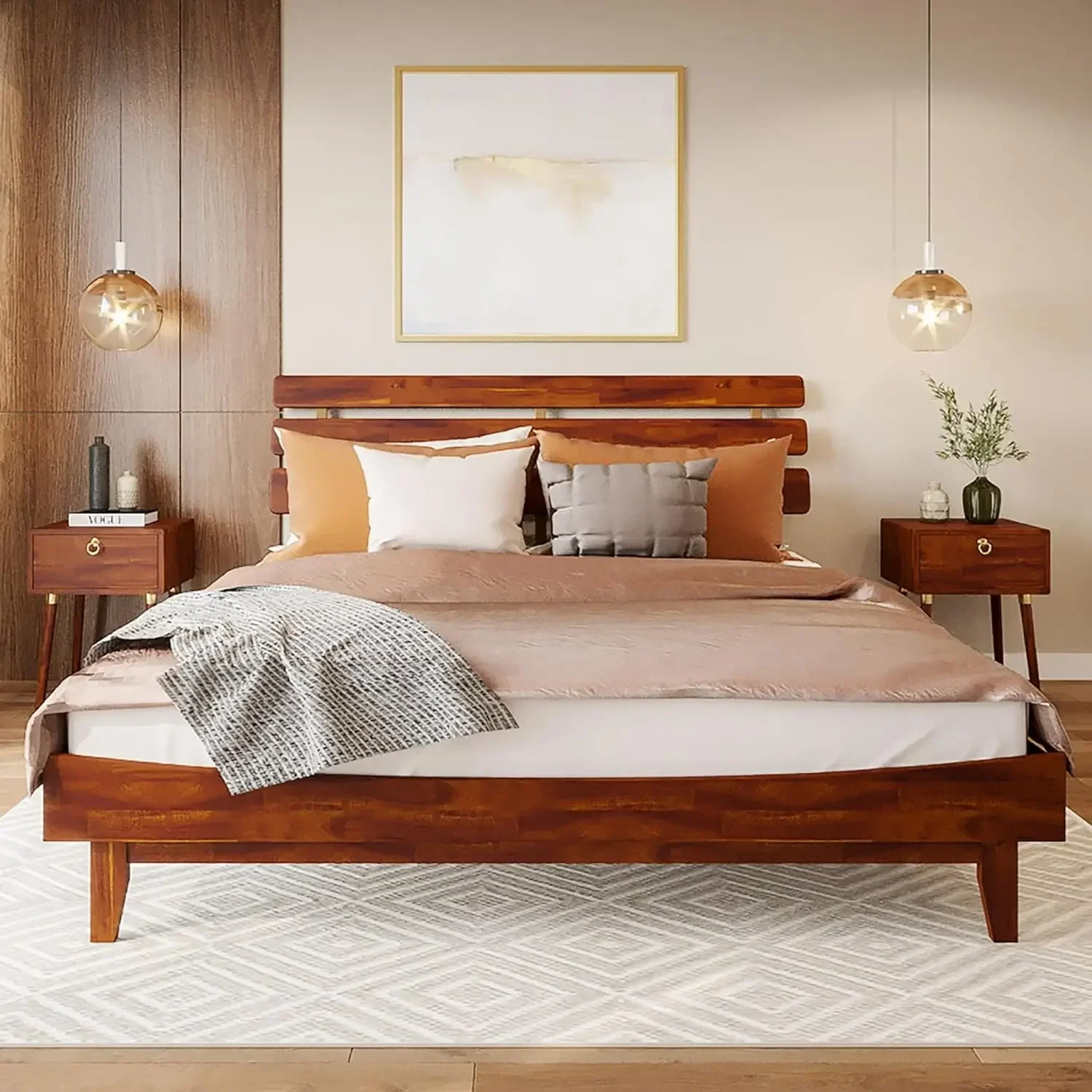 Postmodern 15 Inch Deluxe Bed Frame With Adjustable Headboard - Mid Century, Retro Style With Acacia Wood - No Box Spring Needed