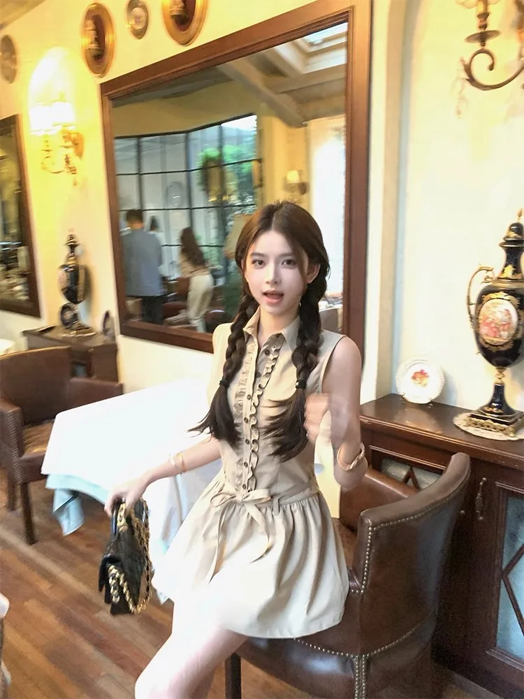 Robe classique minimaliste à col chemise, tempérament kaki de nouveau Style d'été pour femmes, jupe courte chérie de Style collégial