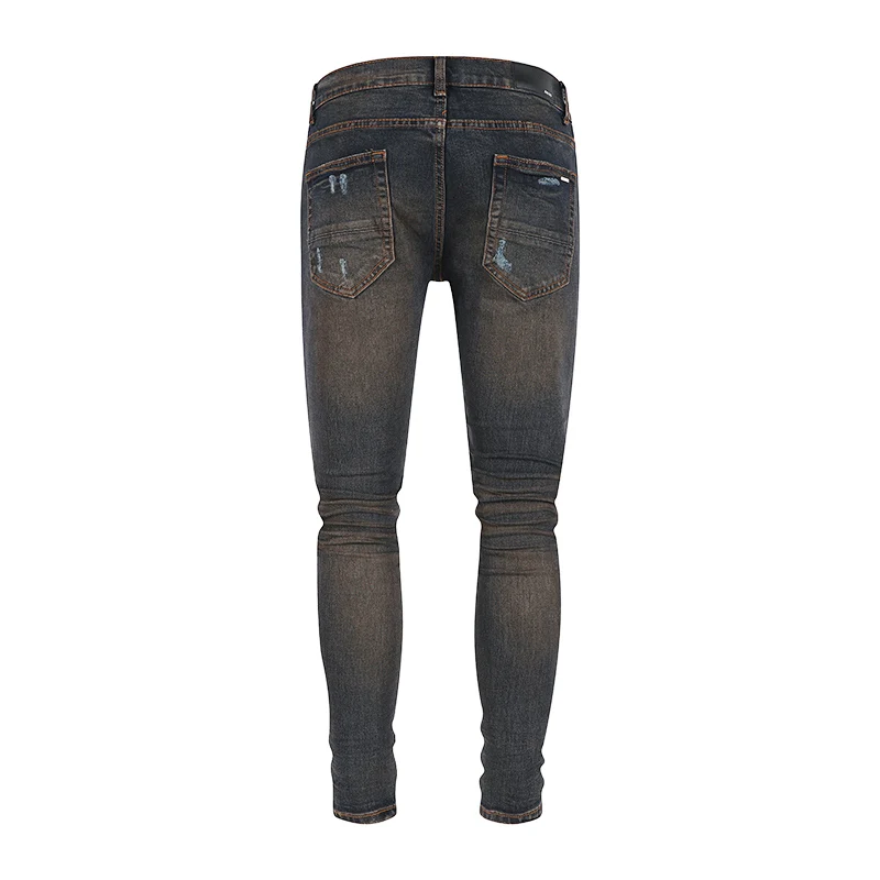 Street fashion new men's jeans retro elastic slim fit perforated yellow patch dark blue fashionable tapered pants men's jeans Y2