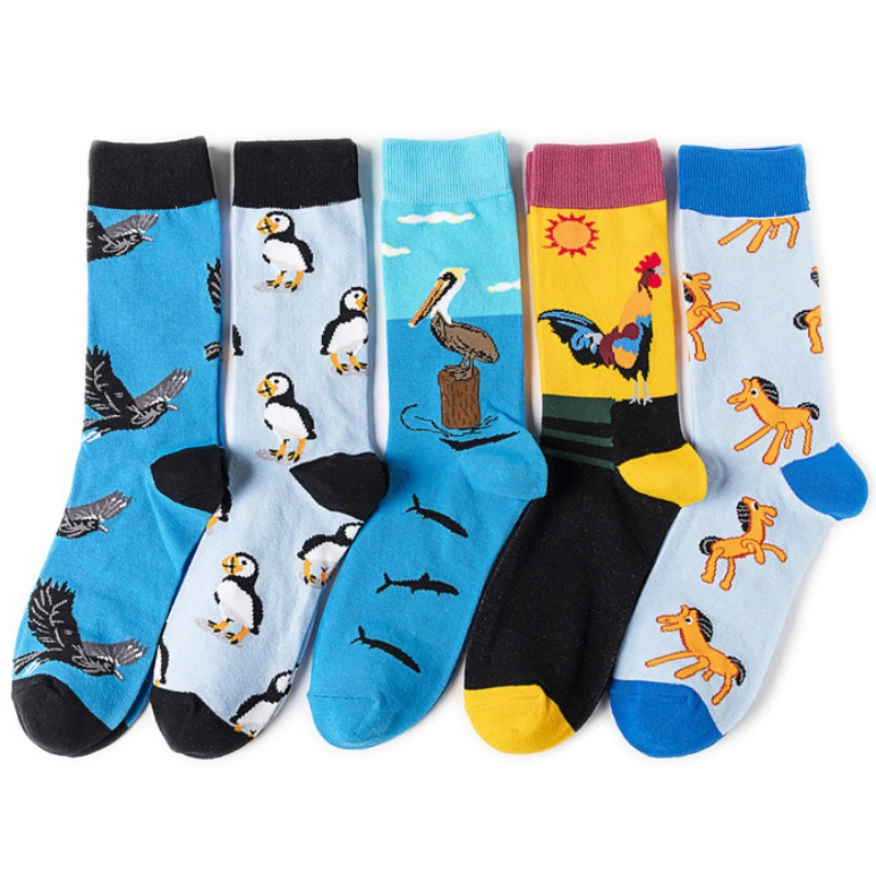 Creative Men Socks Kawaii Cartoon Horse Eagle Penguin Pattern Blue Socks Female Harajuku Skateboard