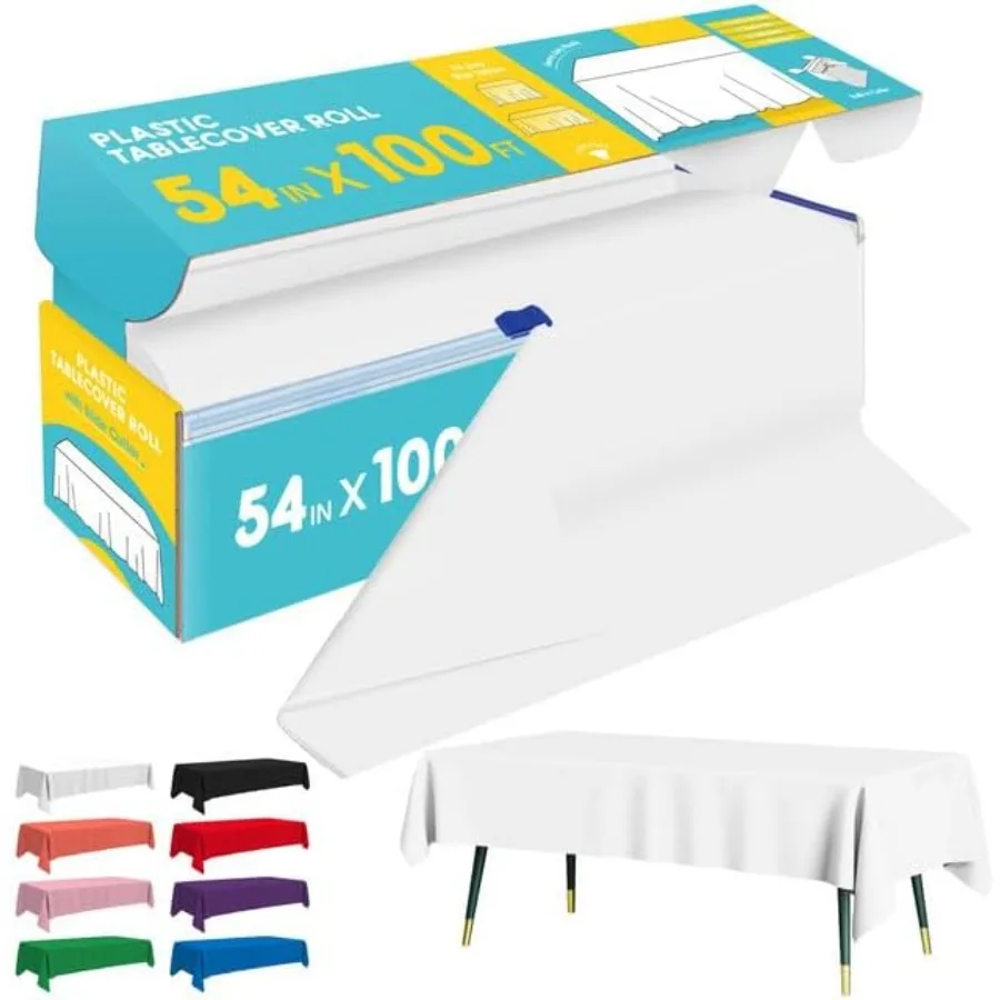 Rollo de cubierta de mesa de plástico blanco, mantel de 54 pulgadas x 100 pies para mesa rectangular con cortador deslizante, mantel de plástico desechable wi