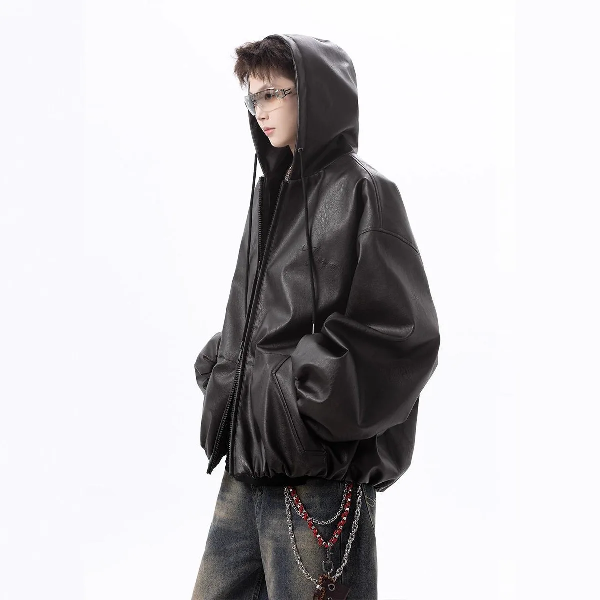 

Y2K Faux Leather Jacket Men Hooded Streetwear Outerwear Autumn Winter Minimalist Casual Fashion Coat