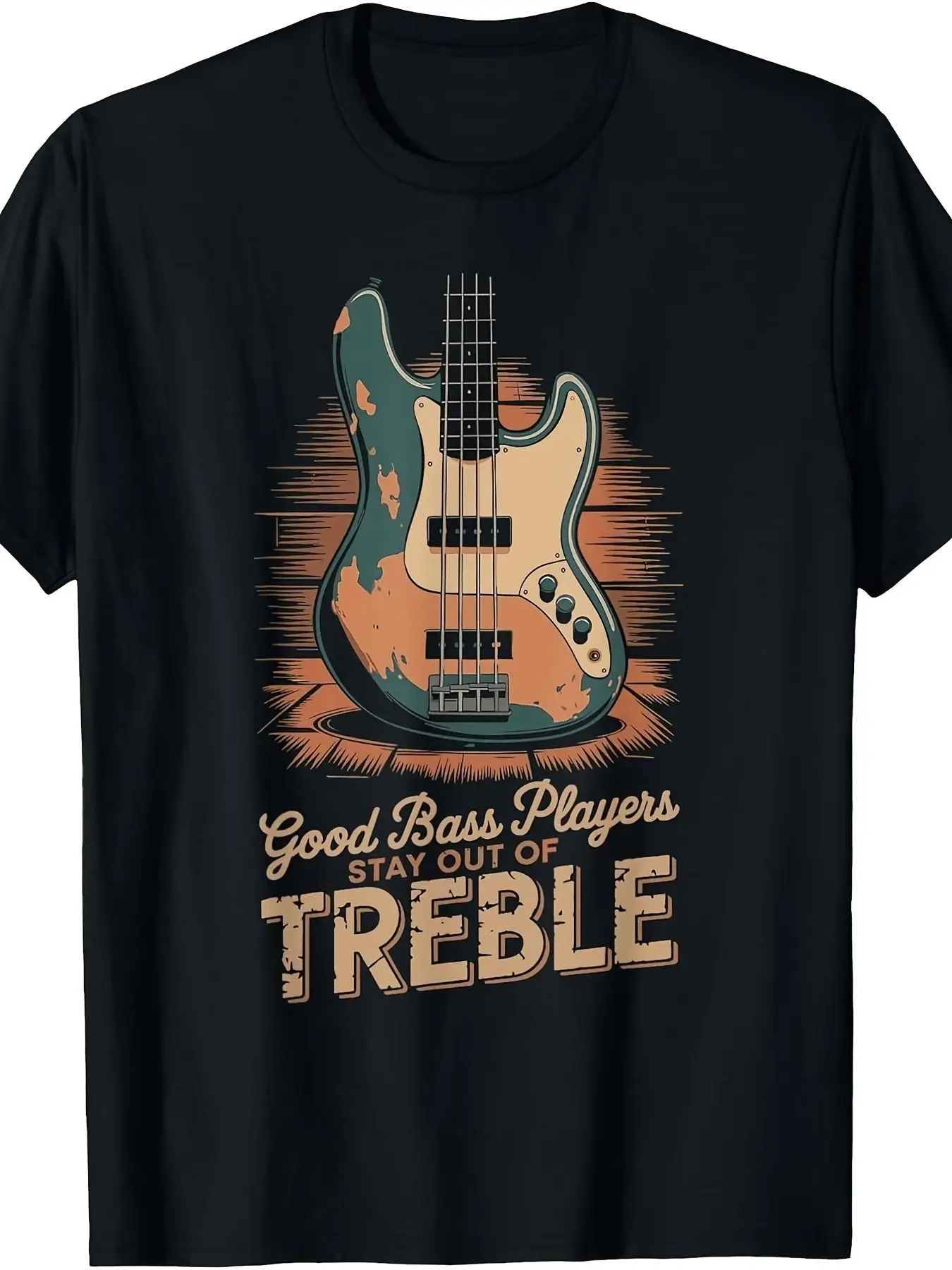 Vintage Bass Guitar Pattern T-Shirt - T-Shirt for Vintage Music Lovers, Funny Pun Shirt for Good Bass Players, Casual Round-Neck Short-Sleeve Top, Aesthetic Classic Rock and Blues Musician Birthday Father's Day Anniversary Gift