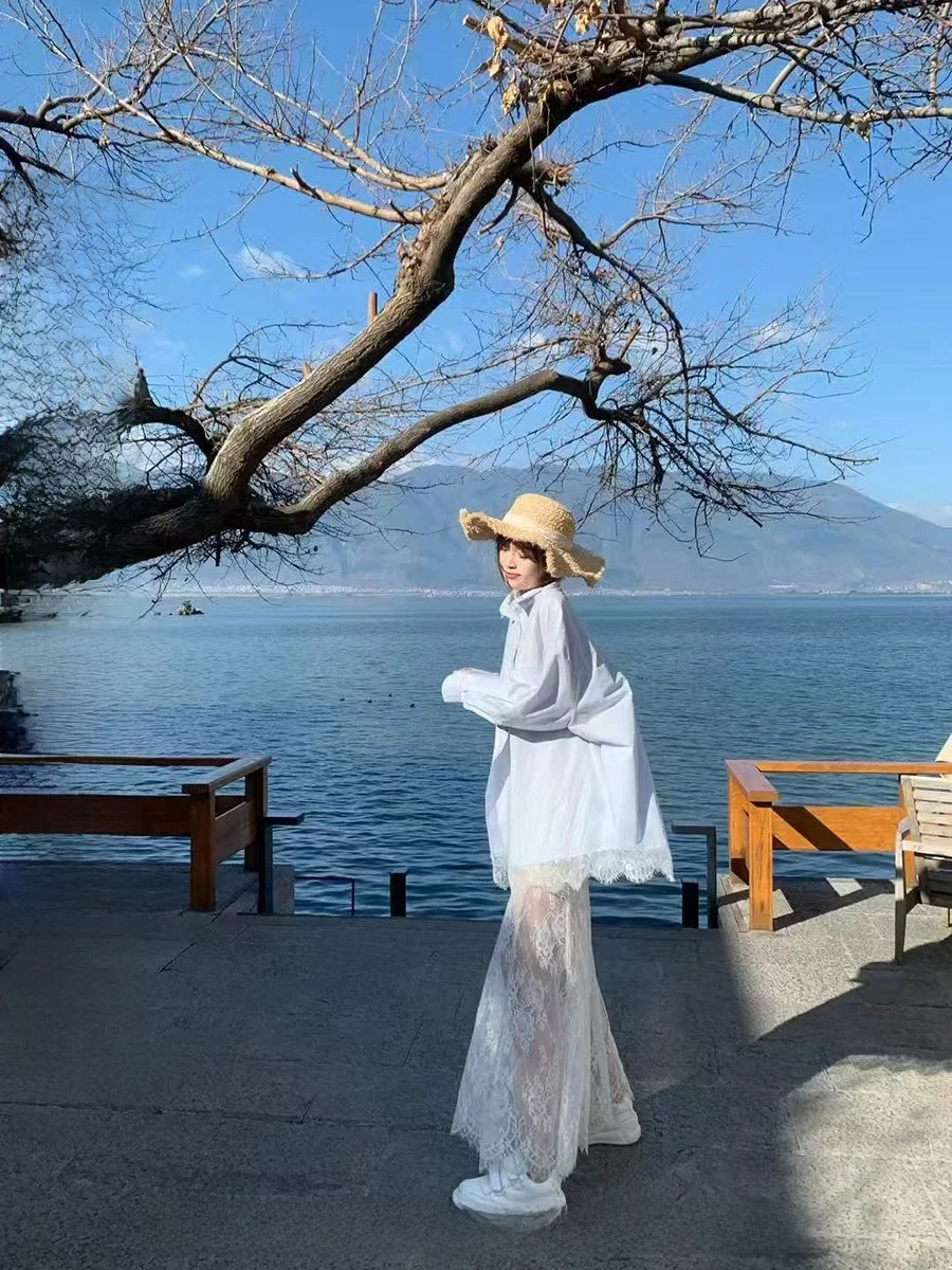 

CallmeEar Original Iceland Mousse Loose Lace irt Long Splice Skirt Summer Women's Faion Premium Quali Long Sve