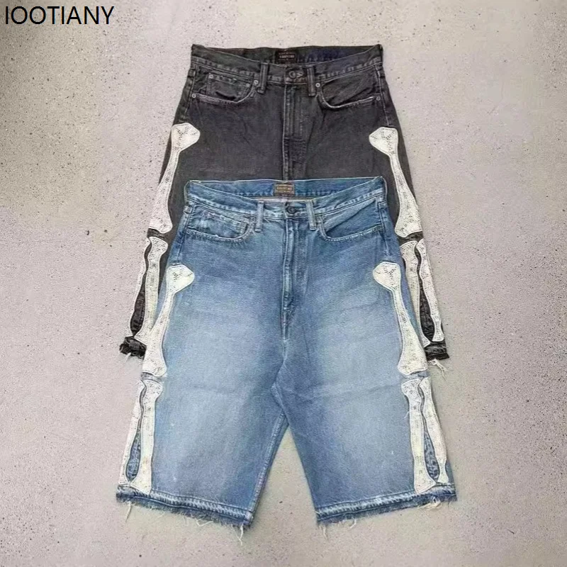 Y2k Retro Harajuku Kot Şort kadın Yıkanmış Patchwork Püskül Amerikan Retro Kot erkek Gevşek Hip-Hop Kemik Kot Şort 2025