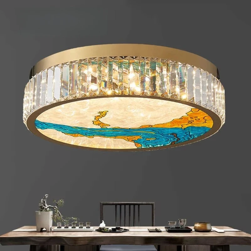 Chinese Style Enamel Ceiling Lamp Modern Villa Living Room Bedroom Home Decoration Glossy Crystal Ceiling Lamp Led Lamp