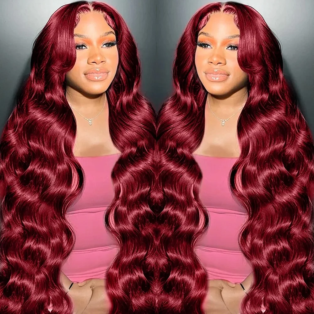 99J Burgundy Body Wave Human Hair Wigs Red Colored 13x4 13x6 HD Full Lace Frontal Wigs 200 Density 44 46 Inch Remy Human Hair