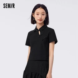 Semir Polo Shirt Female Short Slim Solid Colour With 2023 Summer New Disc Button Tops Country Style