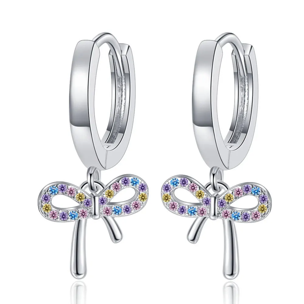 

925 Sterling Silver Fresh and Sweet Bow Colorful Zircon Earrings Birthday Anniversary Wedding Party Gift