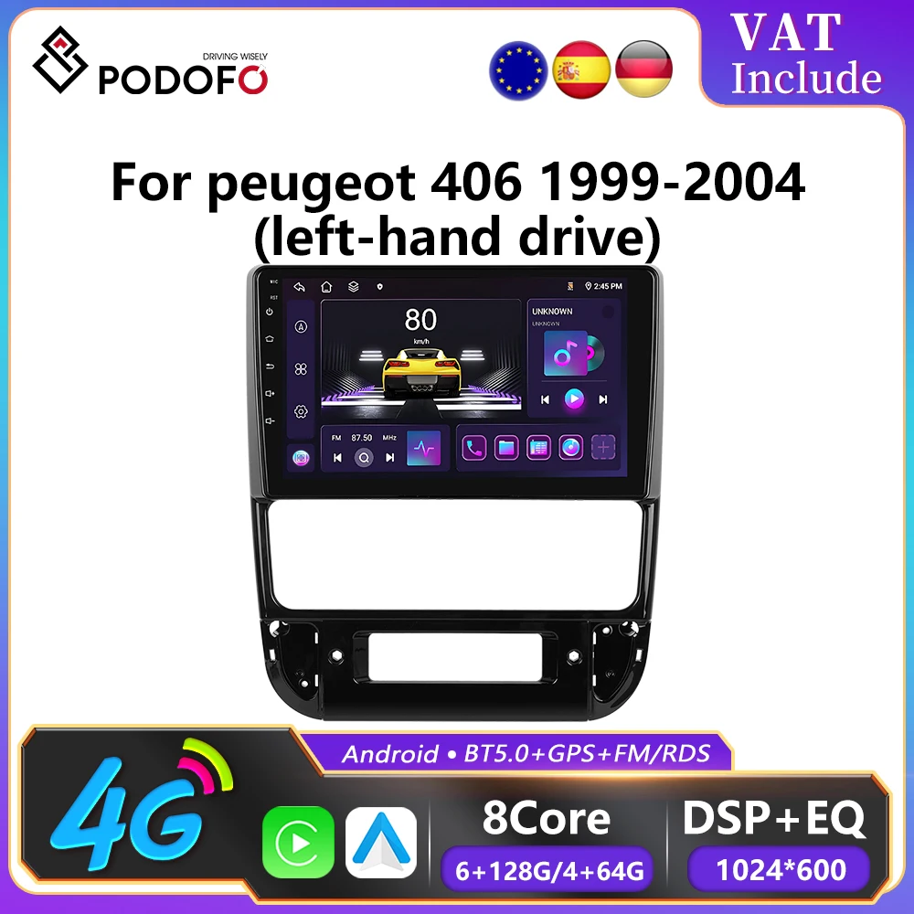 Podofo 6 + 128G Android 2Din Autoradio pour Peugeot 406 1999-2004 (LHD) sans fil CarPlay 9 "écran IPS Autoradio GPS stéréo WIFI