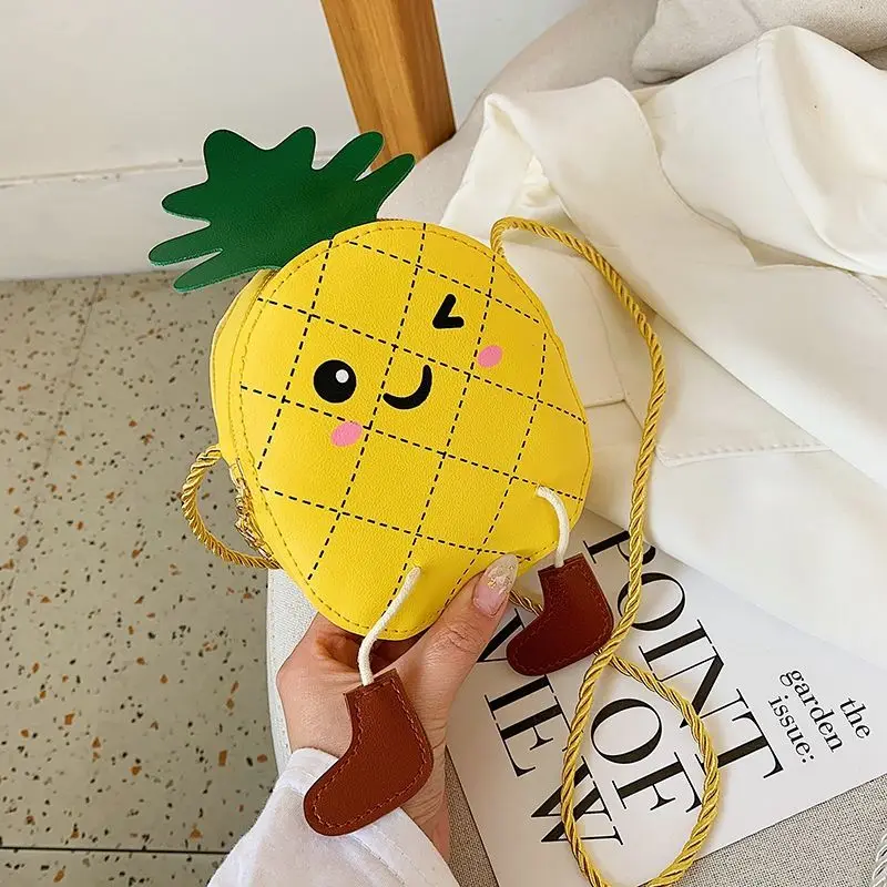Yellow Red Orange Pink Green Cute Pineapple Cartoon Shape Smile Face Crossbody Shoulder Bag Purse PU Leather for Girls Kids