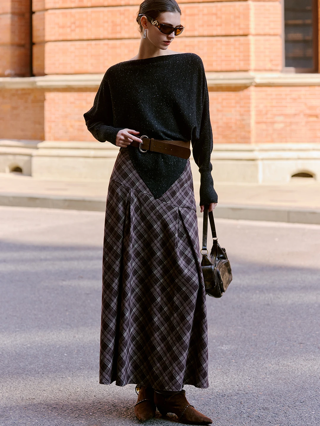 Luna7xi Retro Plaid Asymmetrical A-Line Umbrella Skirt High Waist Slimming Full Skirt Elegance Half-length Women's Skirt