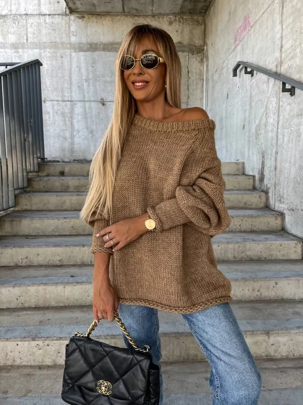 Women Autumn Winter Long Sleeve Pullover Off-Shoulder Loose Pullover Knitted Sweater Solid Fashion New Female Sweater Streetwear