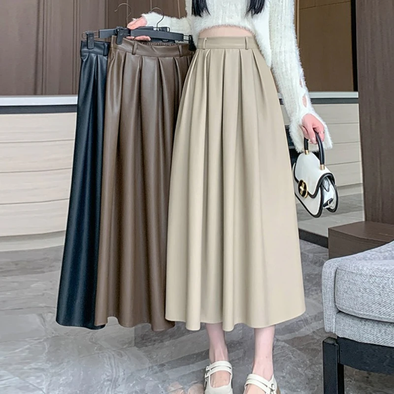 

Autumn Winter High Waist Vintage PU Leather Pleated Women's Umbrella Long Skirts 2025 New Black Office A-line Skirts Female