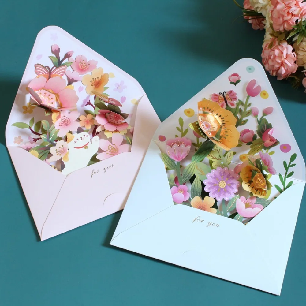 3D Flower Pop-up Greeting Cards with Envelope Postcard Valentine's Day Greeting Cards Hot Stamped Thank You Letter Thanksgiving