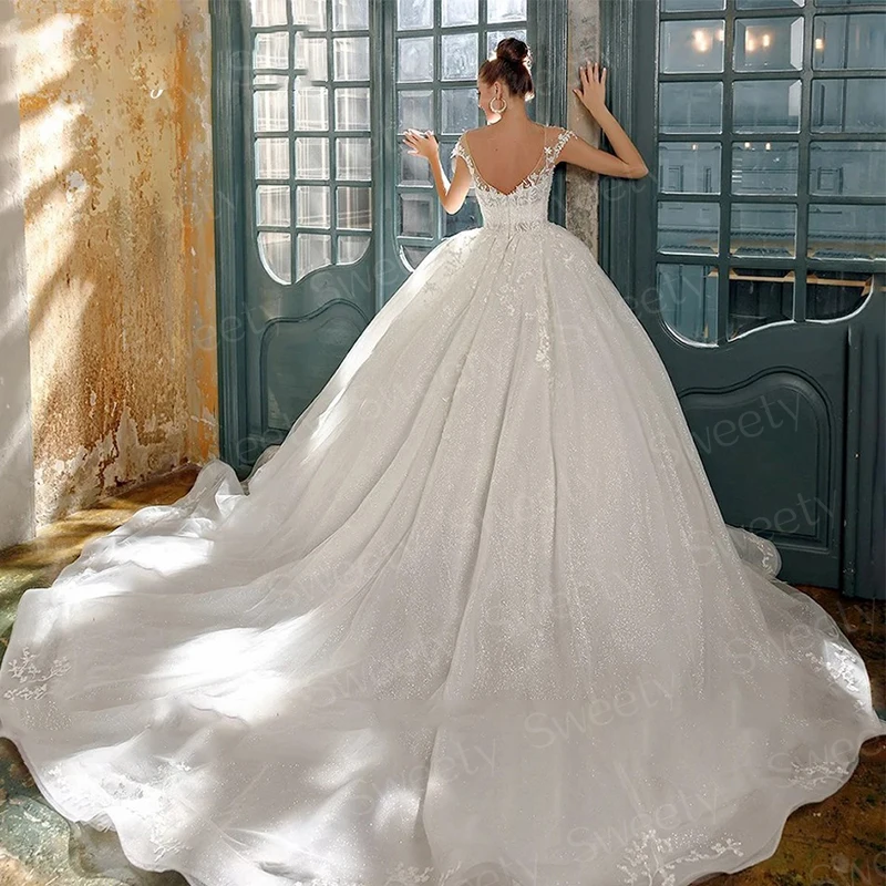 Glamouröses Hochzeitskleid mit bestickter Spitze auf Netz und Prinzessin-Ballkleid, volle Ärmel, U-Boot-Ausschnitt, Brautkleid, schickes Vestido de Novia