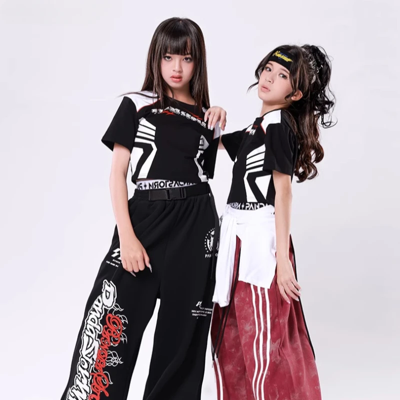 Mädchen Hip Hop Street Dance Kostüm Schwarz T-shirt Baggy Hosen Kleidung Sets Gruppe Leistung Jazz Show Bühne Dance Wear Outfits