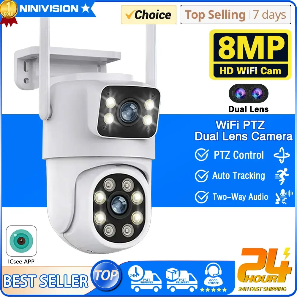 8MP&4K Dual Lens Outdoor PTZ WiFi IP Camera AI Motion Human Detection Full Color Night Vision Surveillance Auto Track ICsee APP