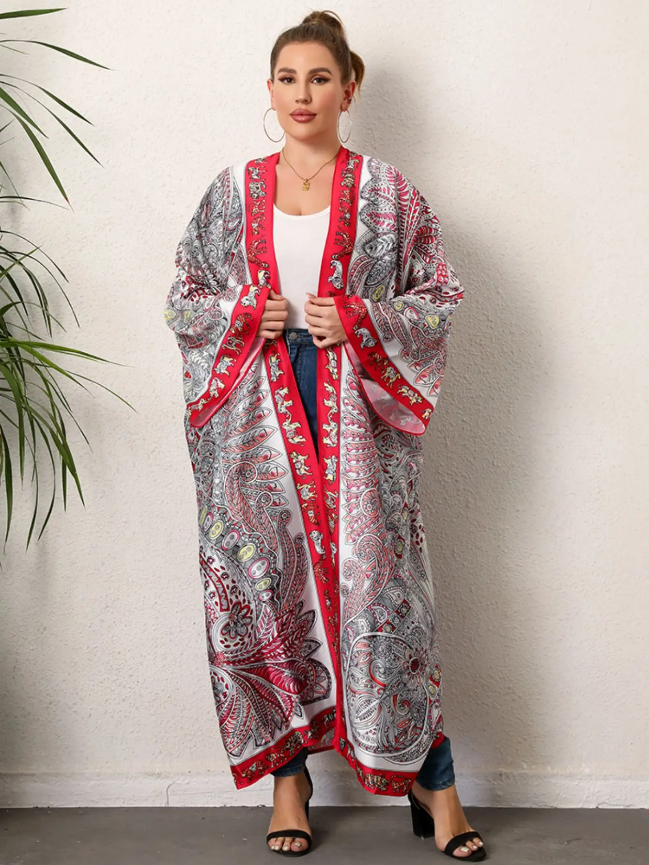 Plus rozmiar Boho Kimono damskie Plus tropikalny nadruk kontrastowe wiązanie z długim rękawem z przodu luźna Kimono plażowe