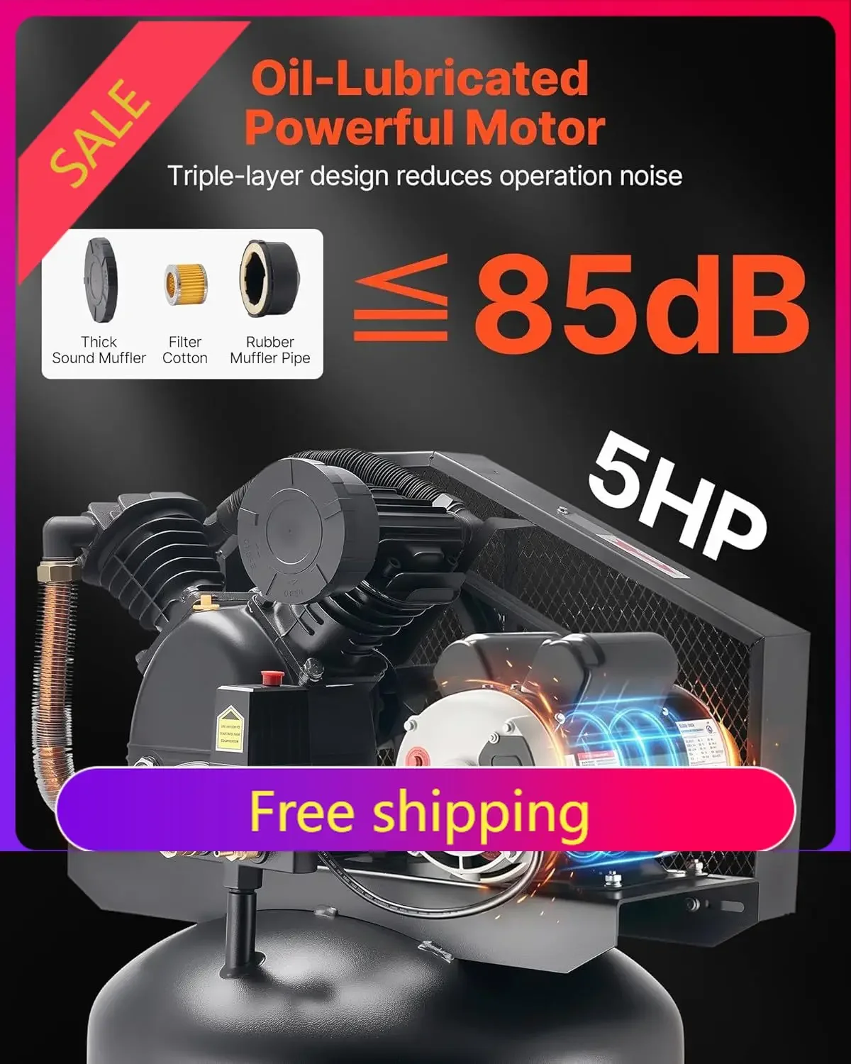 80 Gallons Heavy-Duty Air Compressor, 5HP 10 SCFM at 90PSI Air Compressors Max 175PSI Pressure, Oil-Lubricated Compressor Tank f