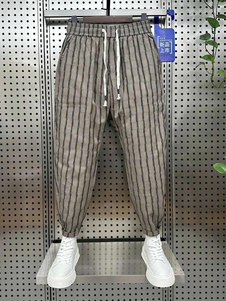 Summer New Fashion Trend Striped Slim Casual Pants Men Cotton Linen Breathable Comfortable Loose Youth Popular Nine-point Pants