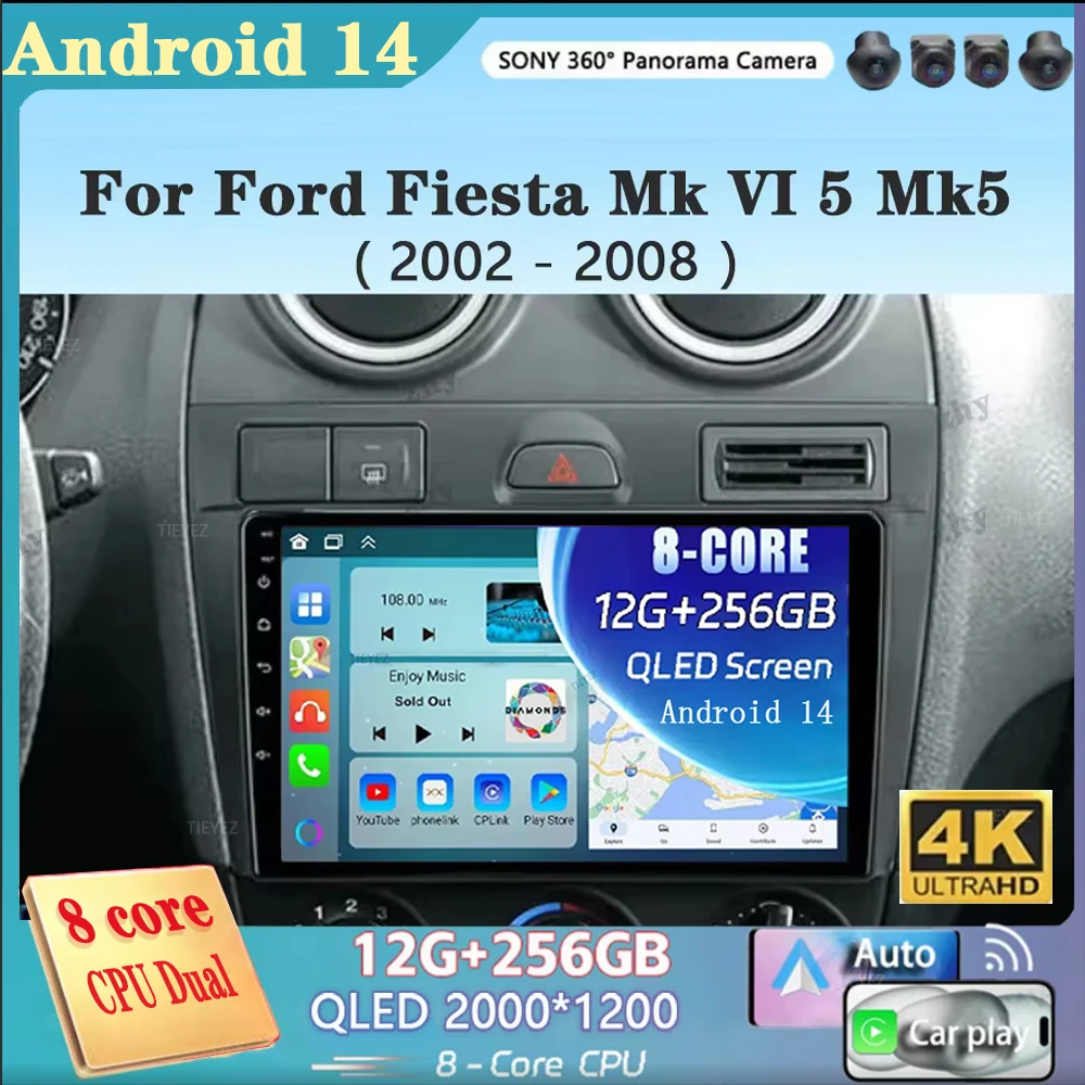 

9"Android 14 Carplay Auto For Ford Fiesta Mk VI 5 Mk5 2002-2008 2 Din Car Multimedia Stereo Player GPS Navigation Wifi FM System
