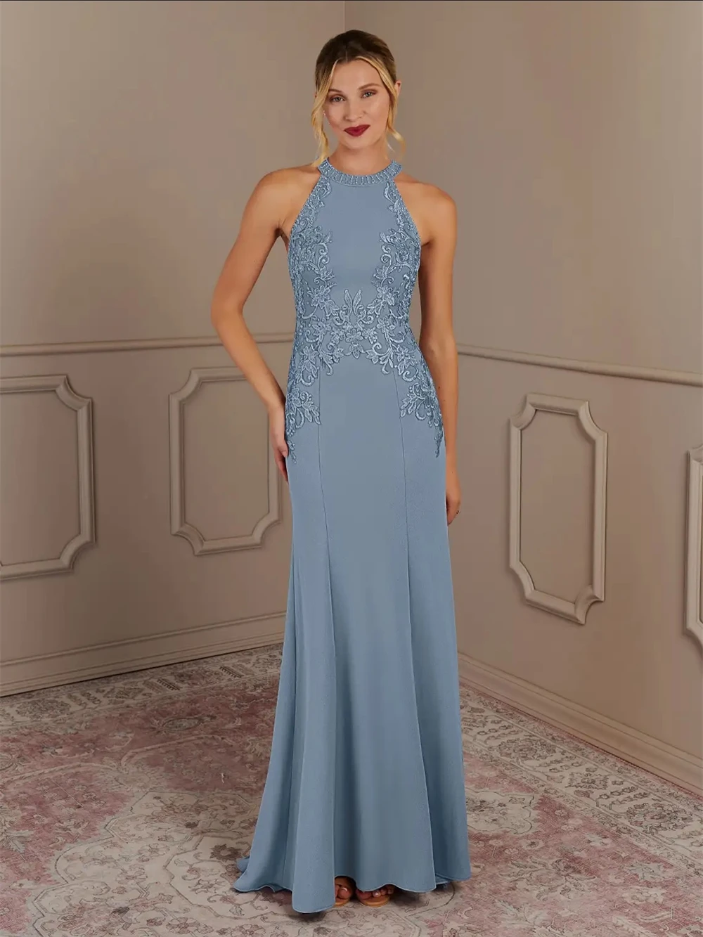 

Customized Mermaid Temperament Blue Jersey Evening Dress Elegant Halter Sleeveless Prom Dress Charming Court Train Party Dress
