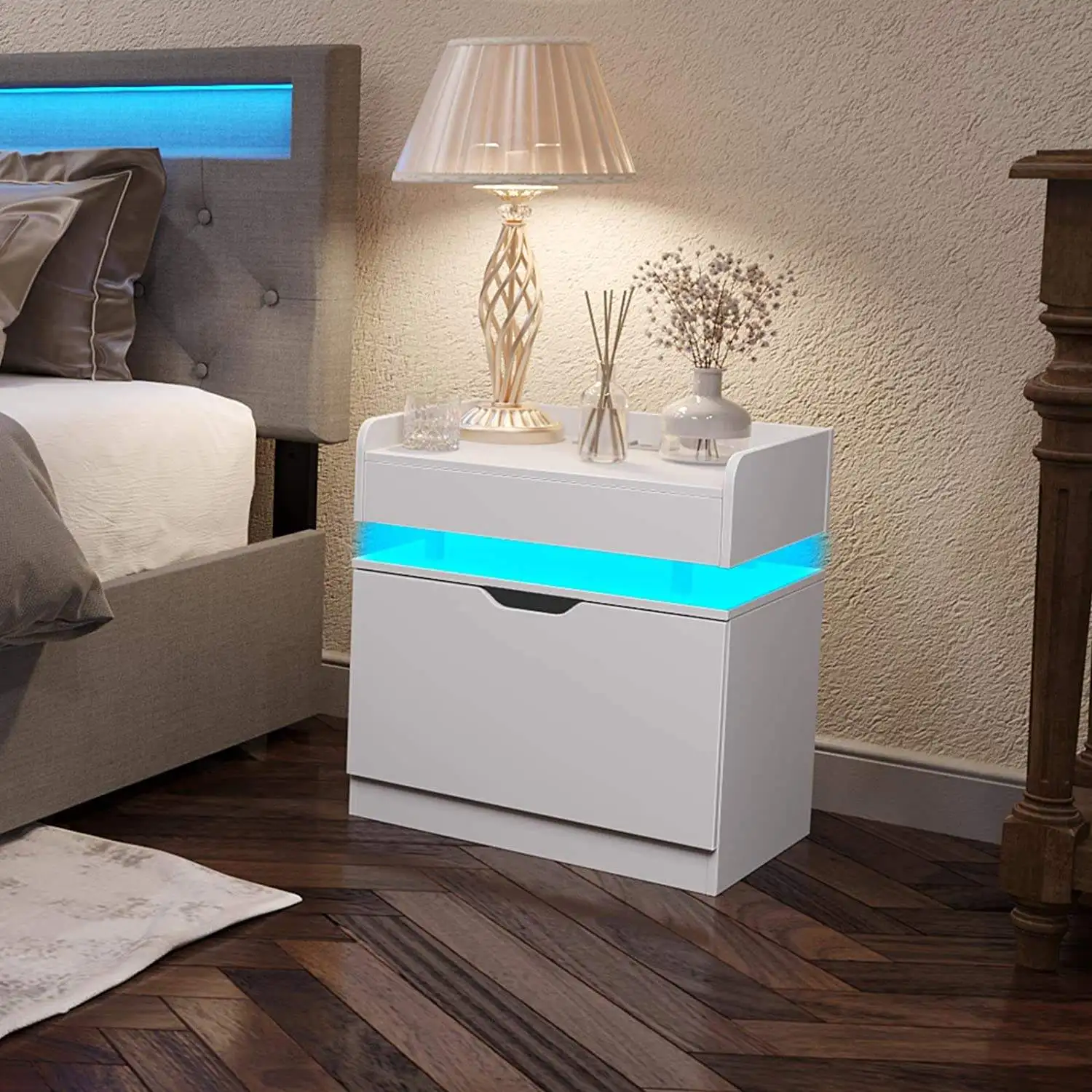 AIROW Multifunctional LED Lamp Smart Nightstand Closed Storage Sofa End Table Bedroom